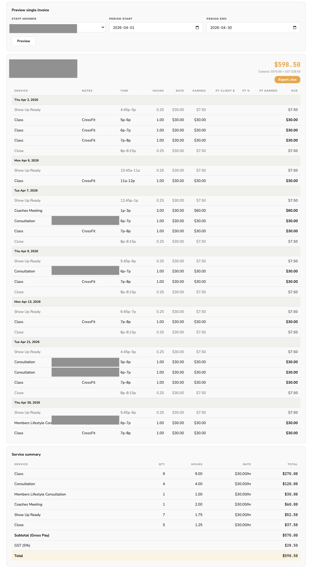 Screenshot of the custom scheduling system