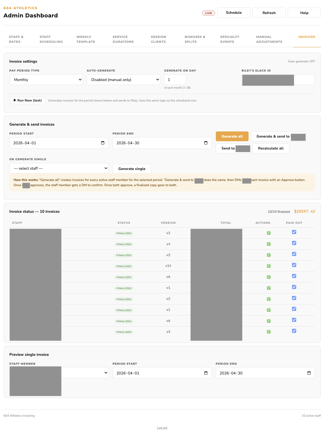 Screenshot of the custom invoicing system