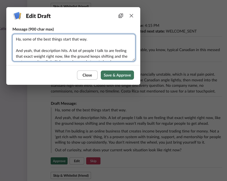 Screenshot of the automated sales conversation system