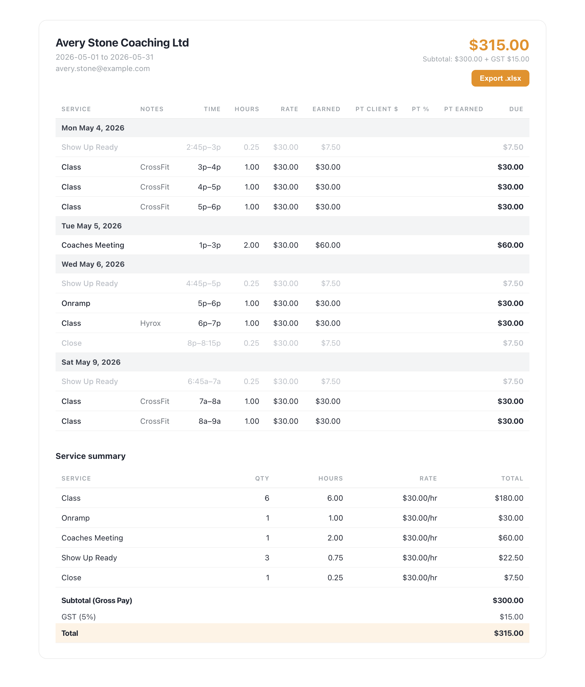 Screenshot of a single coach invoice, example data