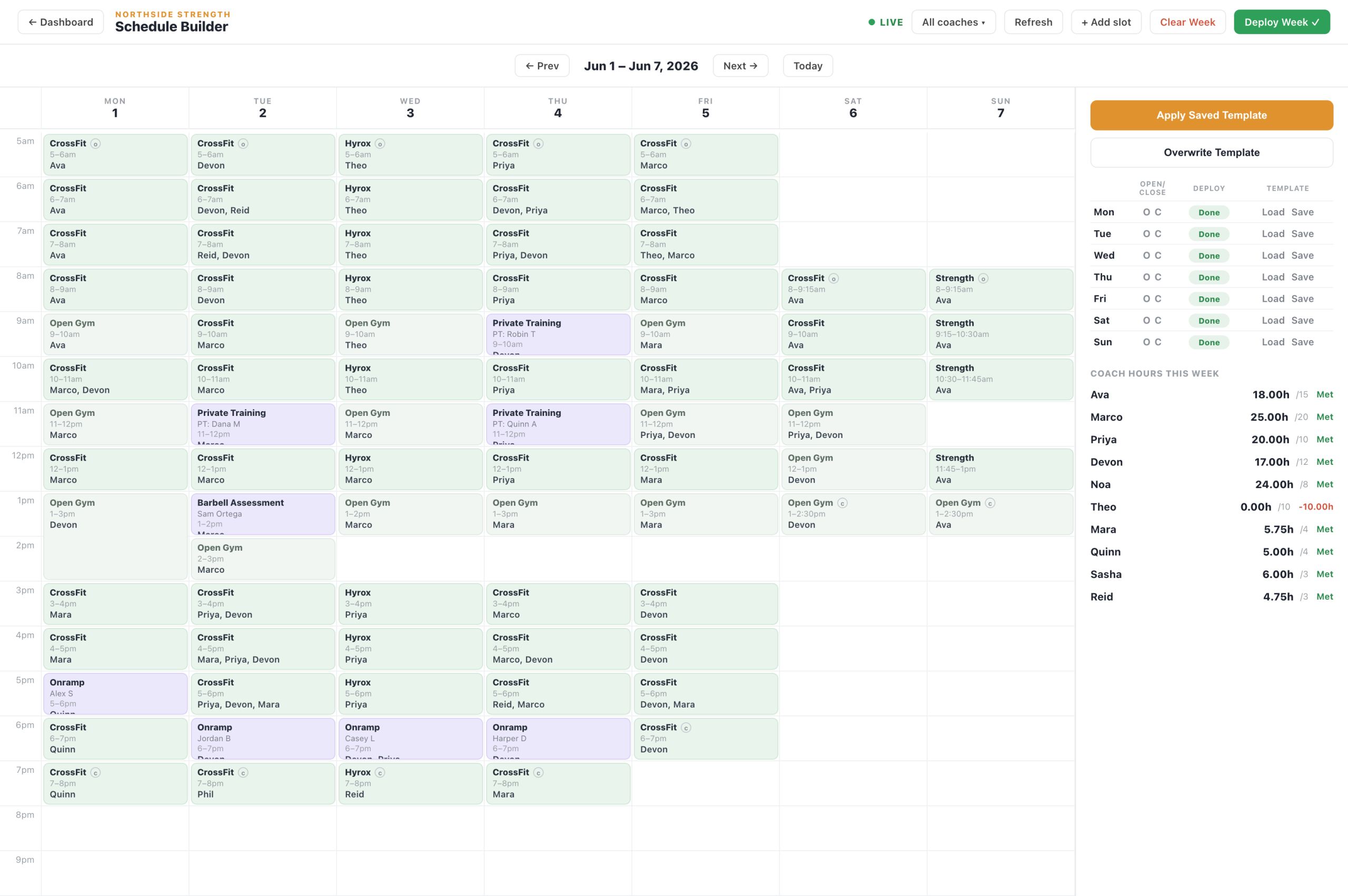Screenshot of the custom scheduling system, example data